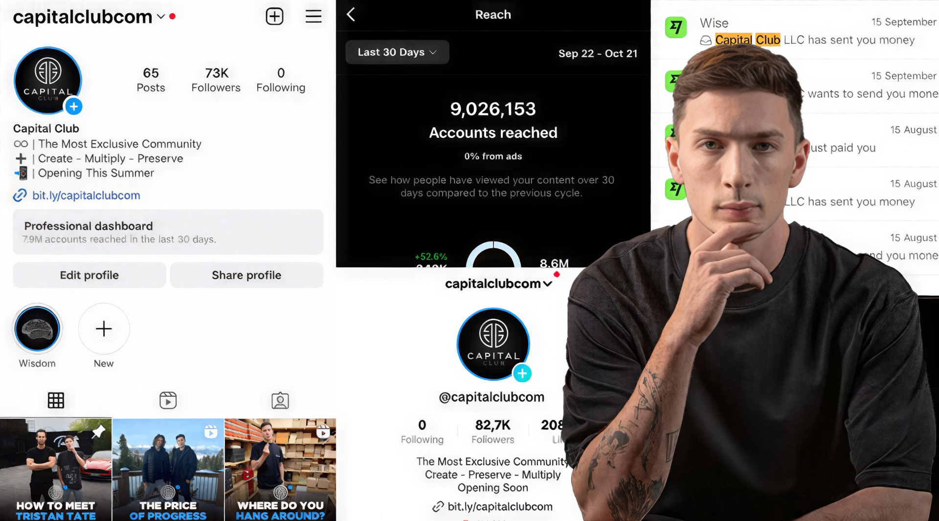 Instagram analytics for @capitalclubcom showing 9,026,153 accounts reached and 73K followers